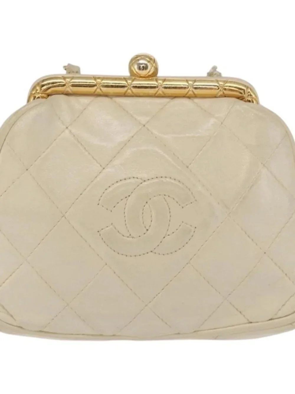 CHANEL Matelasse Chain Shoulder Bag Leather Ivory Gold CC Auth 163424
